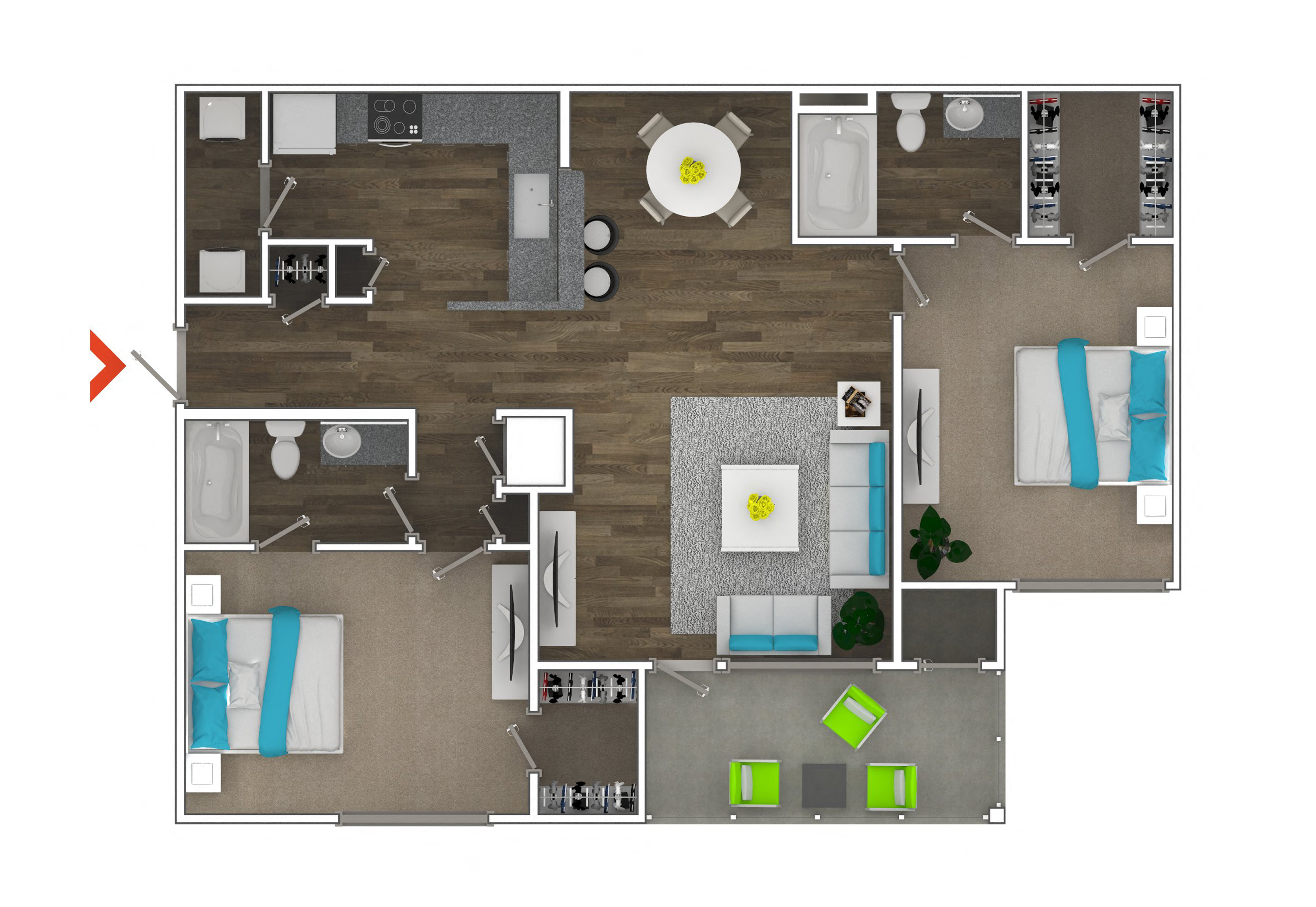 Floor plan for 2 beds, 2 baths, 1185 sqft